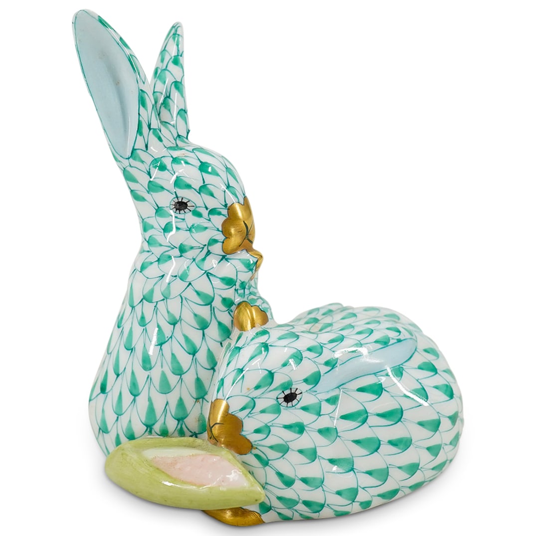 Herend Porcelain "Pair Of Rabbits W/ Corn" Green Fishnet Figurine (1 of 5)