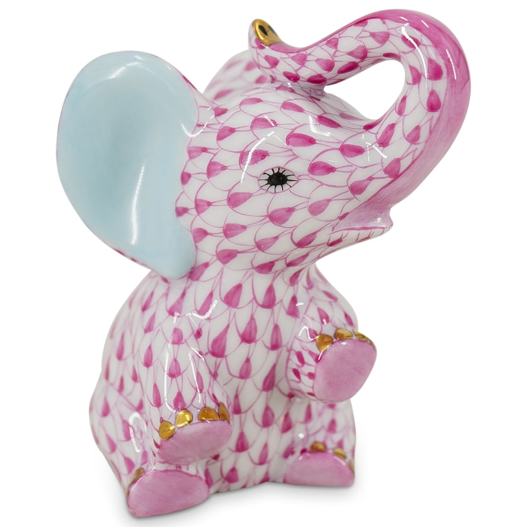 Herend Porcelain "Baby Elephant" Raspberry Fishnet Figurine (1 of 4)