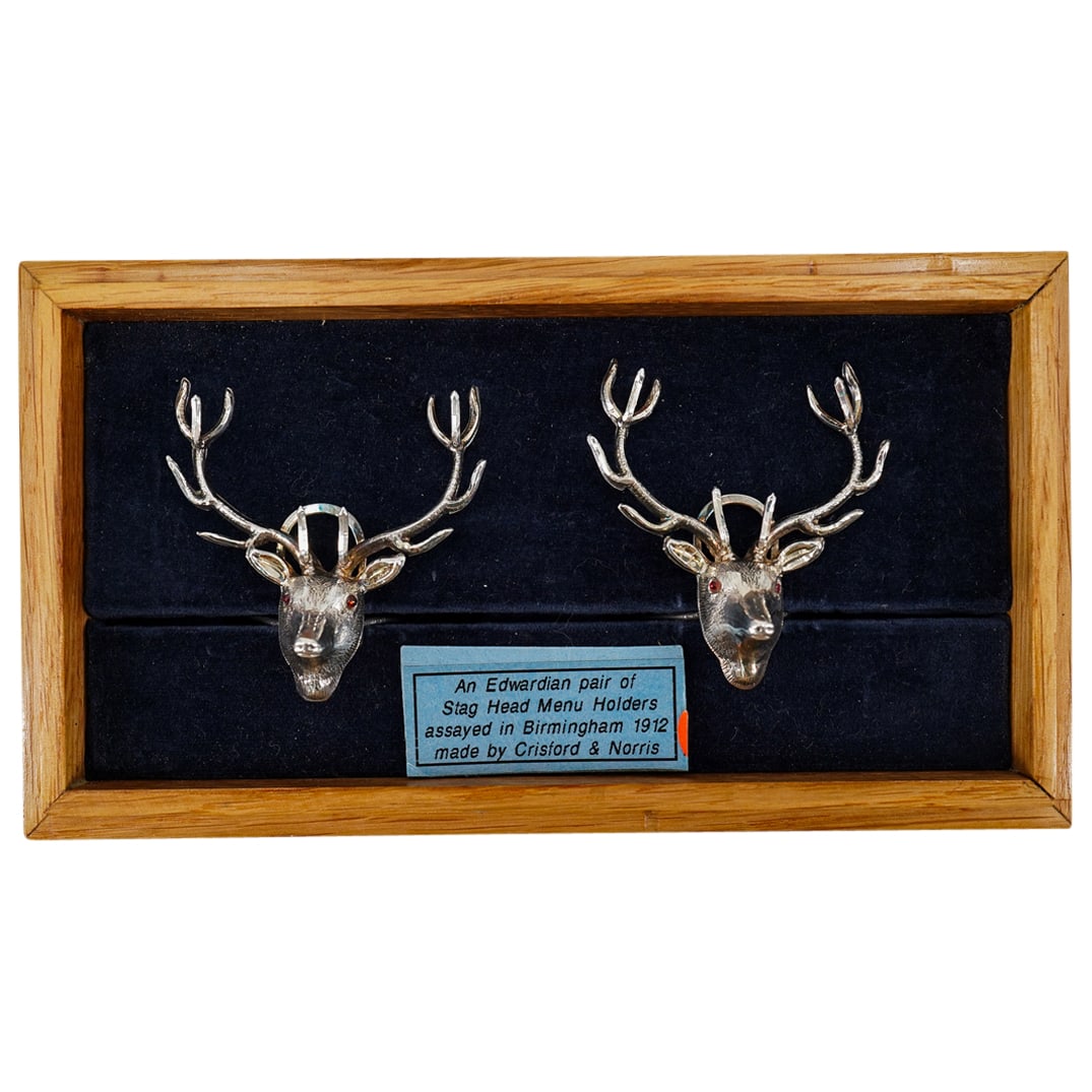 Pair of Edwardian English Sterling Silver Stag Head Menu Holders (1 of 11)