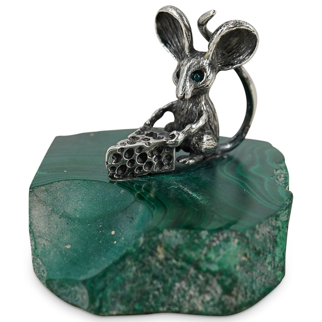 Signed Sterling Silver Miniature Mouse Sculpture On Malachite (1 of 5)