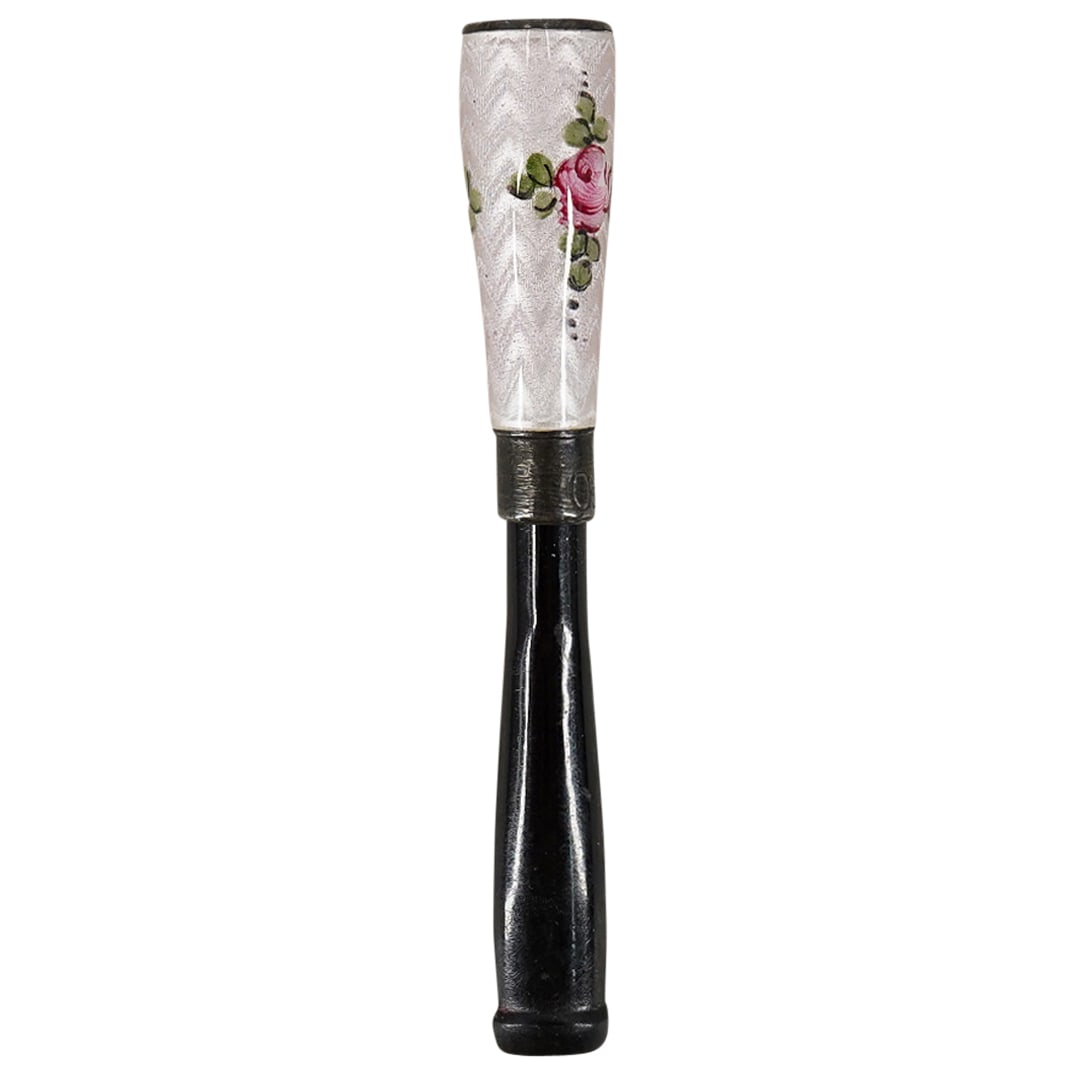 Sterling Enamel Guilloche Cigarette Holder: DESCRIPTION: Sterling enamel guilloche cigarette holder with black Bakelite mouthpiece. Marked: 'Ejekto, Sterling' CIRCA: Early 20th Cent. ORIGIN: Continental DIMENSIONS: L: 3" X Dia: 11mm CONDITION: