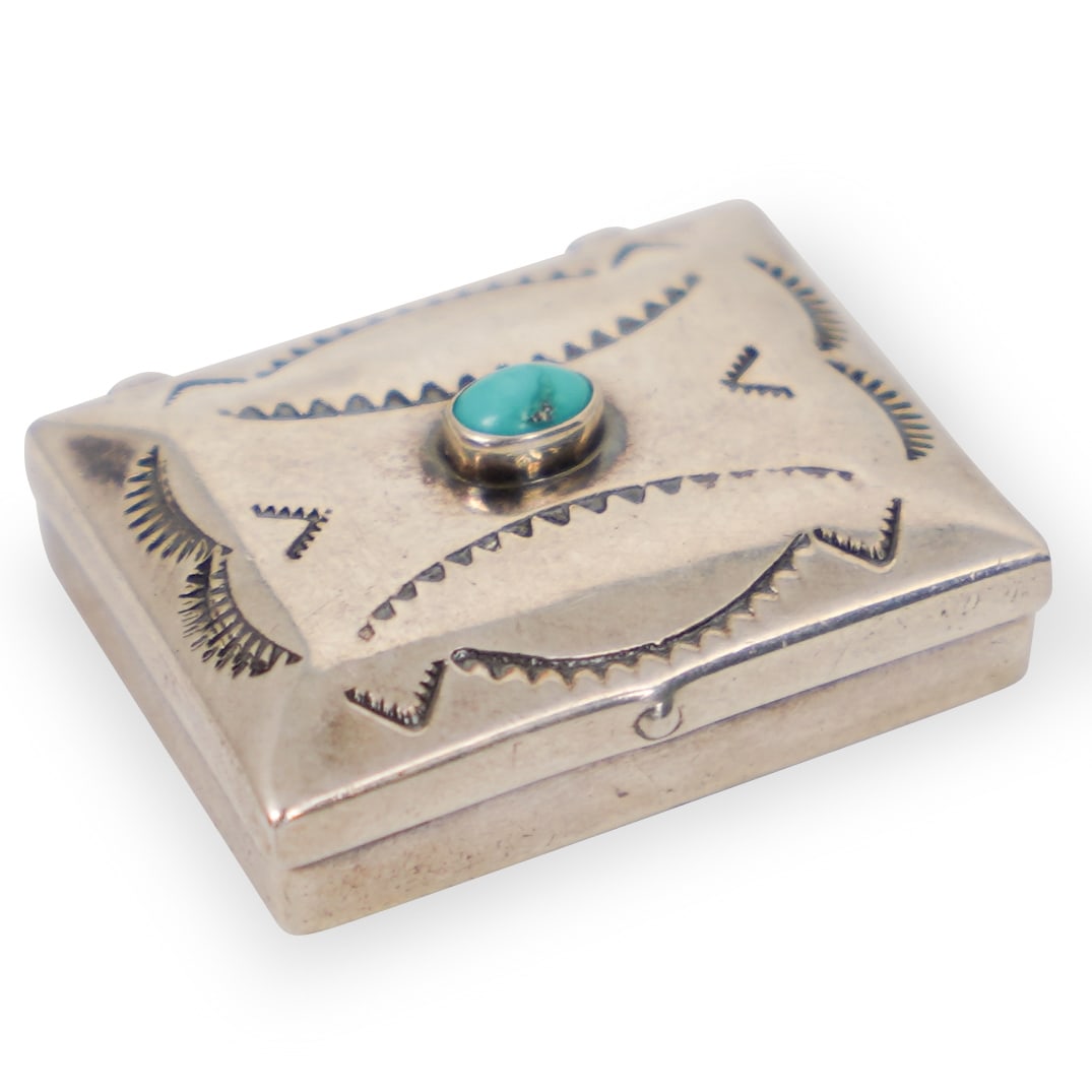Mexican Sterling Silver Pill Box: DESCRIPTION: Mexican Sterling Silver Pill Box, finished with a turquoise cabochon on the top. Weight: 16.9 g. CIRCA: 20th Century ORIGIN: Mexico DIMENSIONS: L. 1.25" - CONDITION: Great condition. See