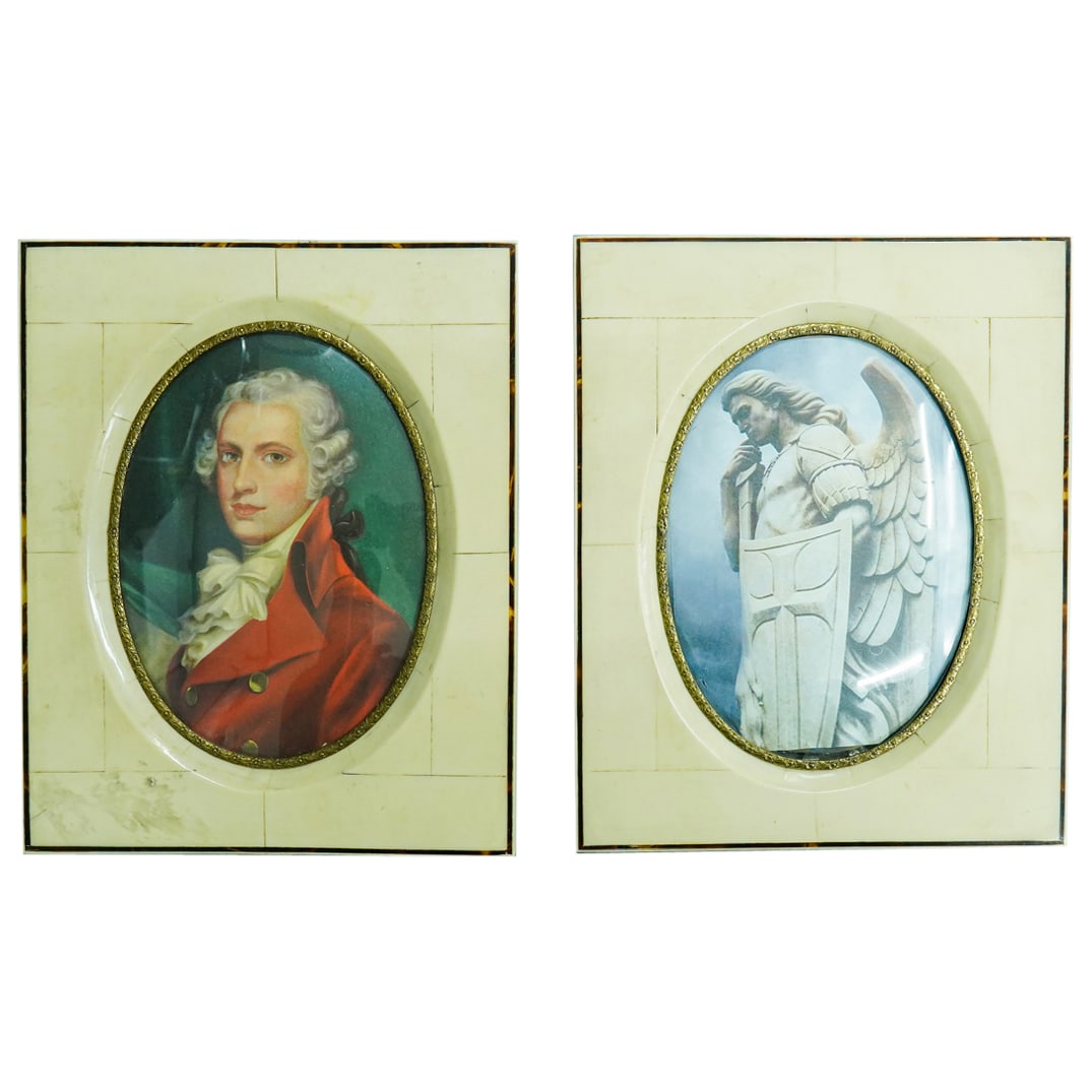 Pair Of Art Deco Carved Bone And Shell Picture Frames: DESCRIPTION: Two matching Art Deco picture frames crafted with a carved bone veneer accented with a carved shell inset around its perimeter and finished with a gilt floral and foliage border around th