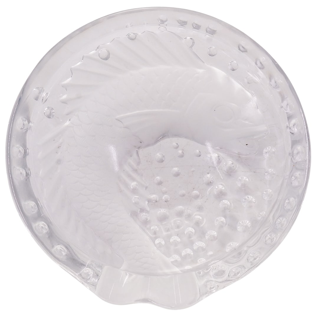 Lalique Crystal "Concarneau" Ashtray: DESCRIPTION: Lalique crystal "Concarneau" fish ashtray, beautiful fish curling around the dish and bubbles formed from the underside create a sense of water, small chip on the rim. Signed "Lalique Fra