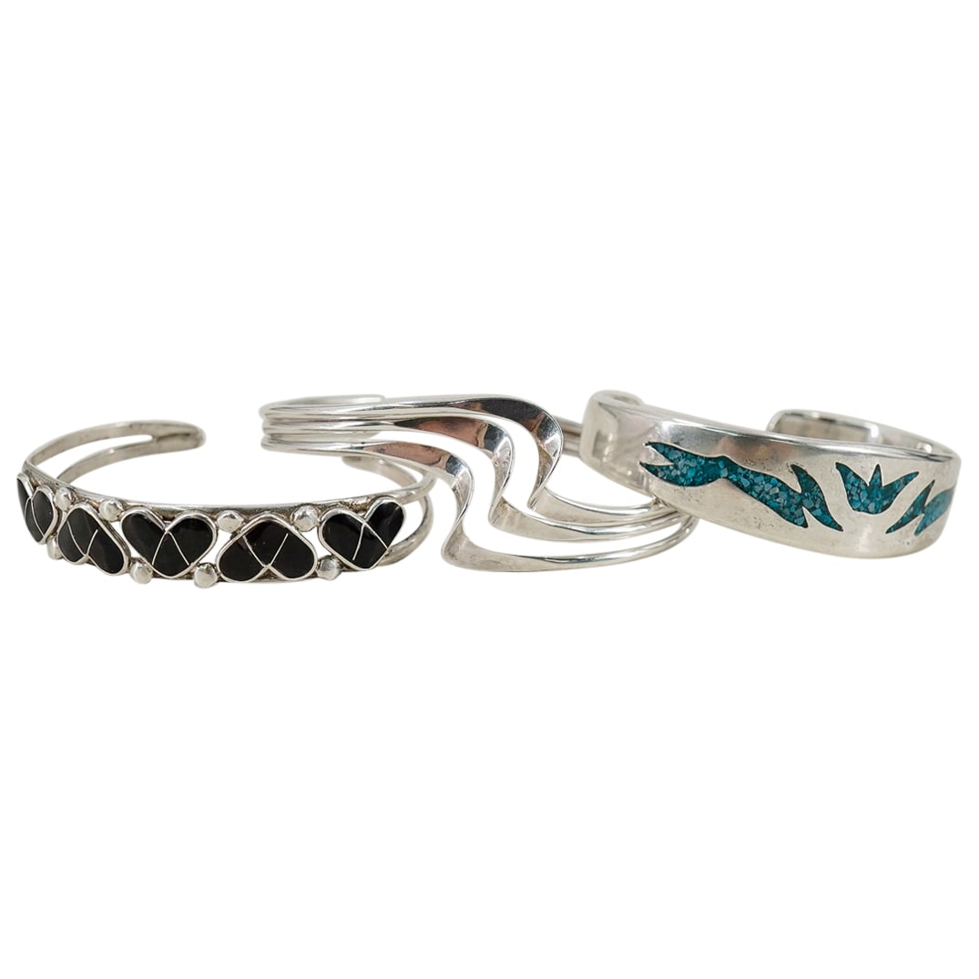 (3 Pc) Sterling Silver Open Cuff Bracelets Grouping (1 of 10)