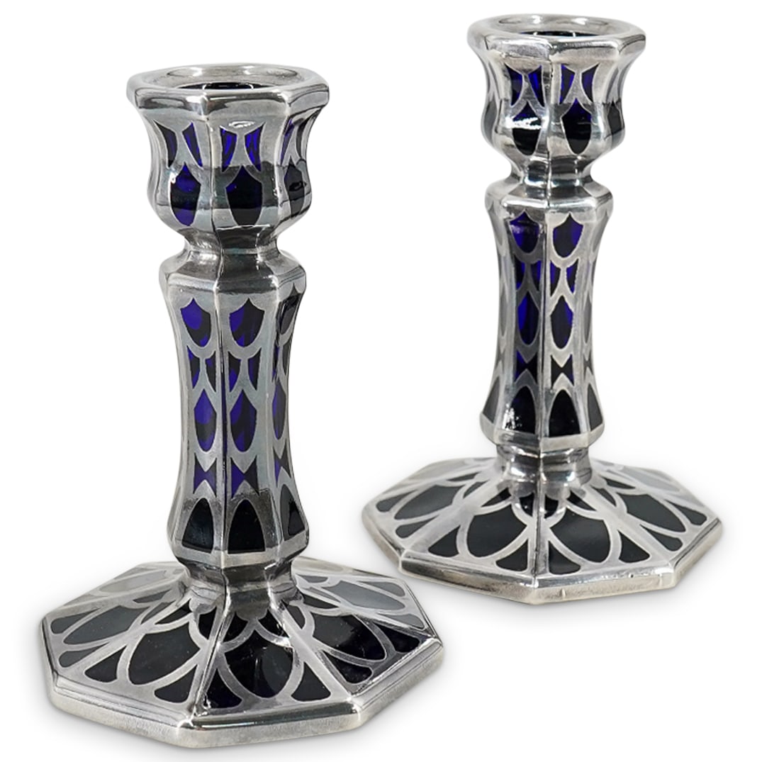 (2 Pc) Silver Overlay Cobalt Blue Glass Candle Holders (1 of 5)