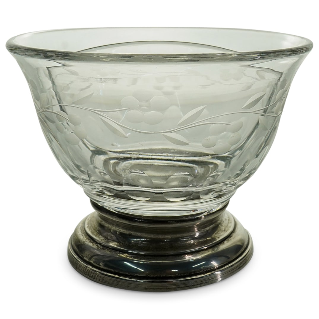 Sterling Silver Etched Glass Divided Footed Candy Bowl: DESCRIPTION: Sterling Silver Etched Glass Divided Footed Candy Bowl. Designed with a circular shape, with a glass bowl with two partitions that is embellished with floral etched motifs; resting on a s