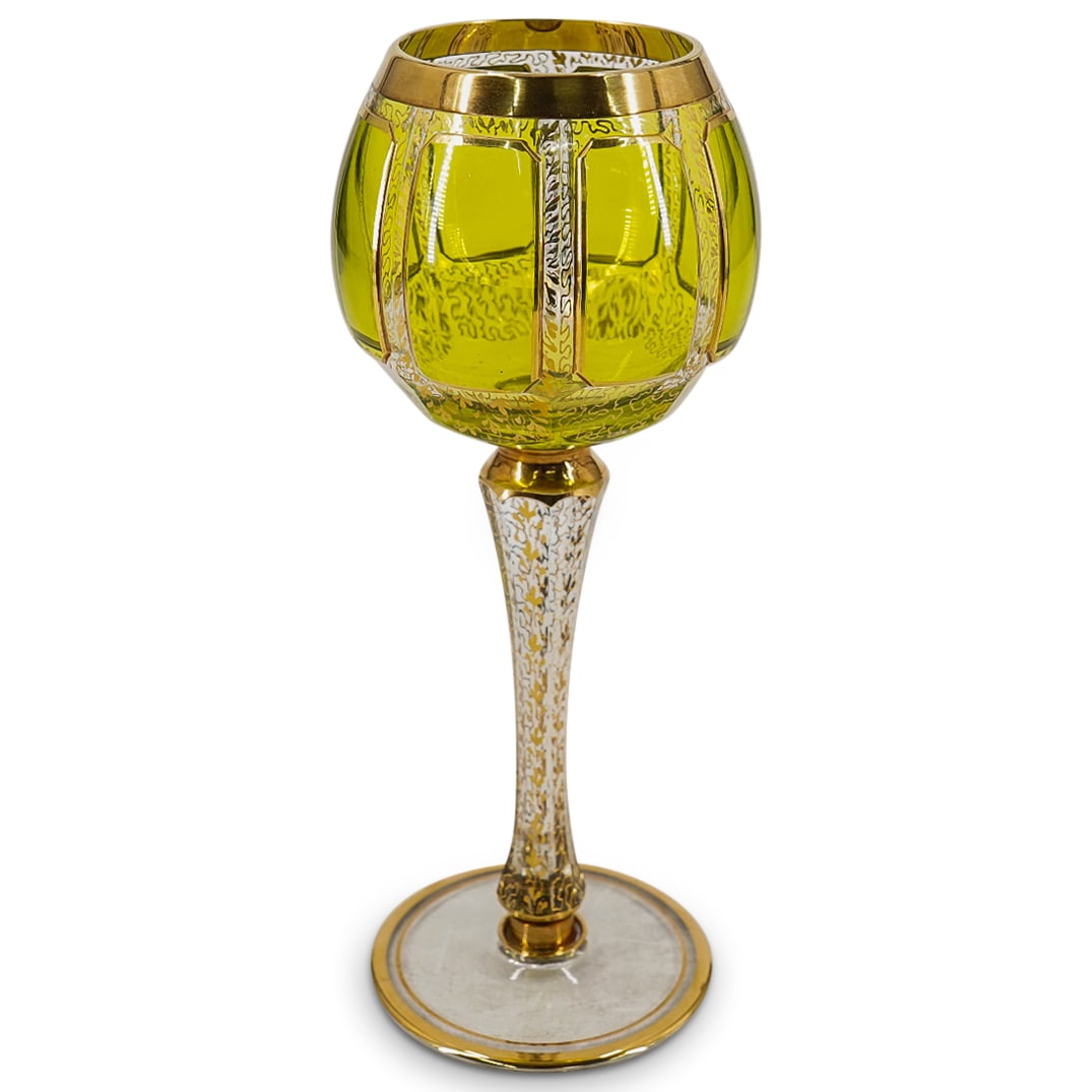 19th Century Moser Cabochon Wine Chalice: DESCRIPTION: Antique Moser chalice featuring raised yellow cabochon protrusions around the bowl and sporting gilt foliage and winding patterns from lip to foot. CIRCA: Late 19th Century ORIGIN: Czecho