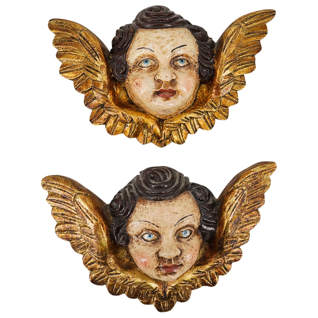 (2 Pc) Vintage Italian Carved Wood Polychrome Putti Cherub Plaques (1 of 4)
