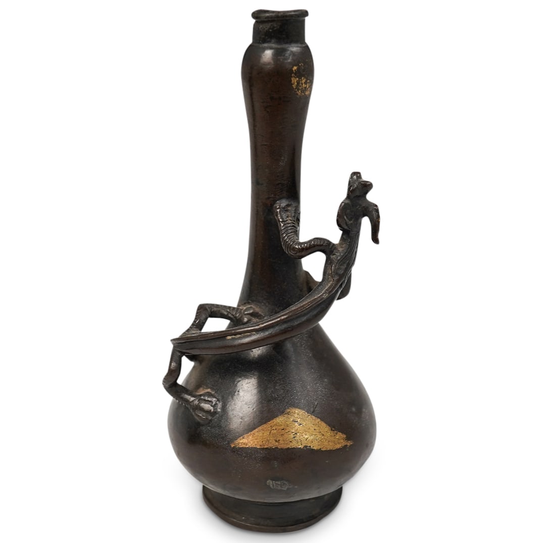 Antique Chinese Gilt Bronze Vase: DESCRIPTION: Antique Chinese bronze vase featuring a dragon around the body in a dark brown patina finished with small patches of worn gold gilt. CIRCA: 19th ct or older ORIGIN: China DIMENSIONS: H:7"