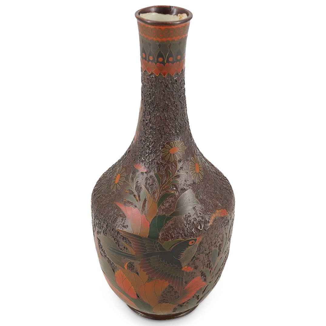 Antique Japanese Meiji Porcelain Totai Shippo Tree Bark Cloisonne Vase (1 of 3)