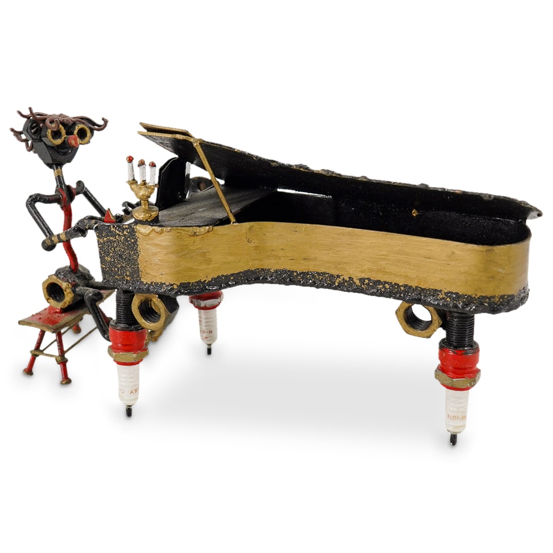 Signed Scrap Metal Folk Art Hand Crafted Pianist Sculpture (1 of 8)