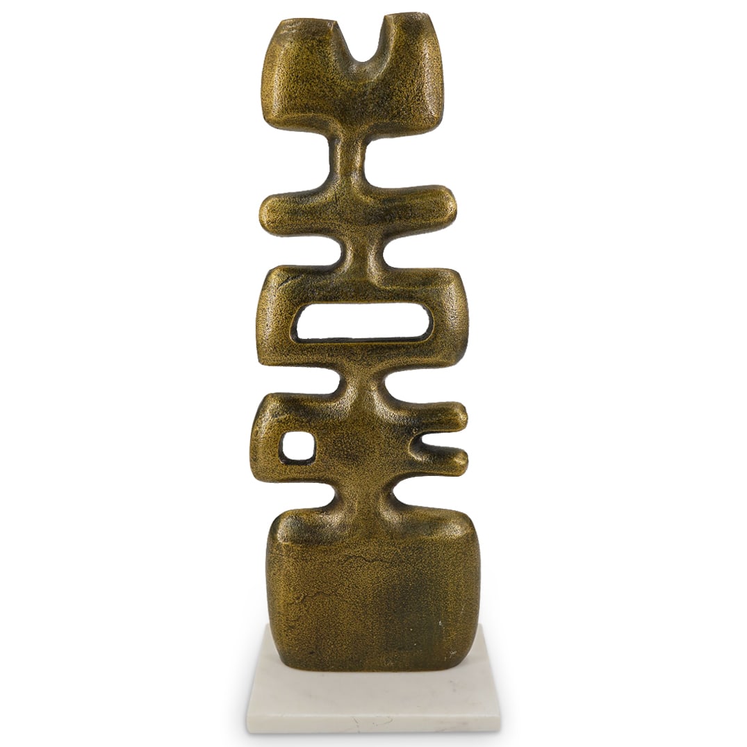 Mid Century Modern Gilt Metal Sculpture On Marble: DESCRIPTION: Mid Century Modern Gilt Metal Sculpture On Marble. Depicts an abstracted form in vertical. On a white marble rectangular base. CIRCA: 20th Century ORIGIN: Continental DIMENSIONS: H: 18 3/