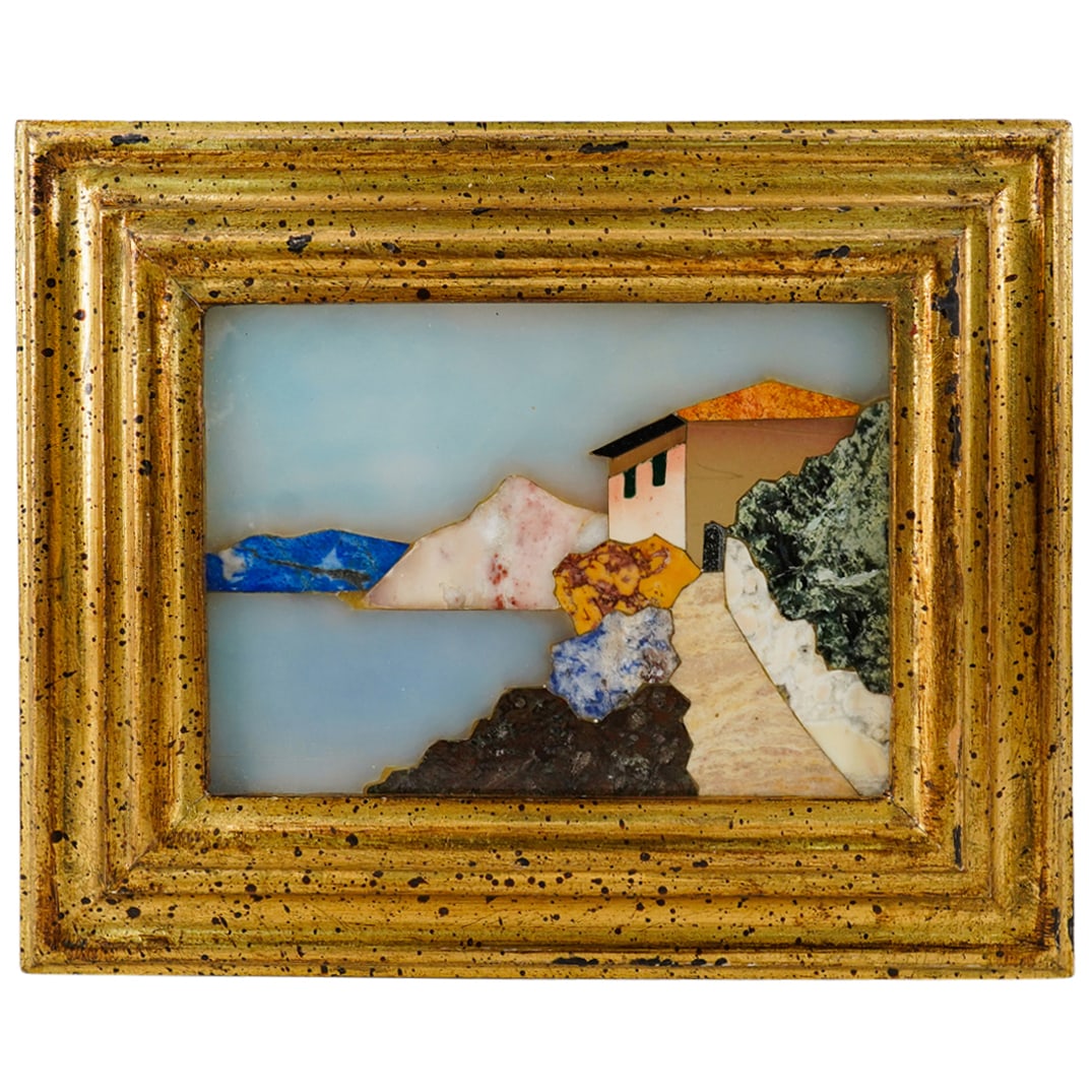 G. Ugolini Pietra Dura Stone Mosaic: DESCRIPTION: G. Ugolini Pietra Dura stone mosaic plaque featuring a townscape. Signed: Scarpelli label at verso: 'G. Ugolini, Mounted in gilt wood frame. CIRCA: 20th Cent. ORIGIN: Italy DIMENSIONS: (P