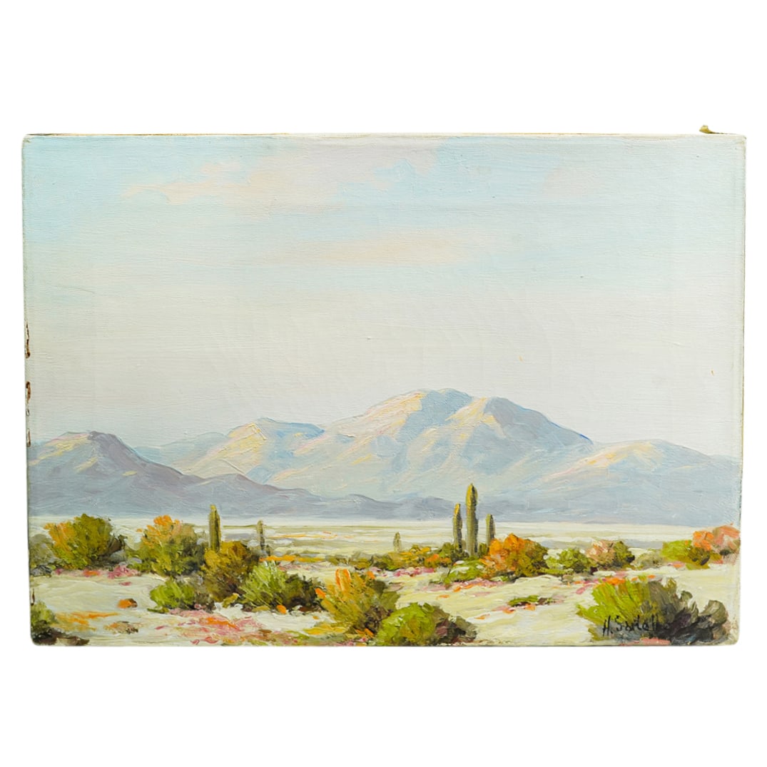 Herbert Sartelle (American, 1885-1955) Oil On Canvas Desert Landscape: DESCRIPTION: Oil on canvas painting by Herbert Sartelle (American, 1885-1955) depicting a desert landscape with cacti and mountains. Signed "H. Sartelle" at lower right. CIRCA: Mid 20th century ORIGIN
