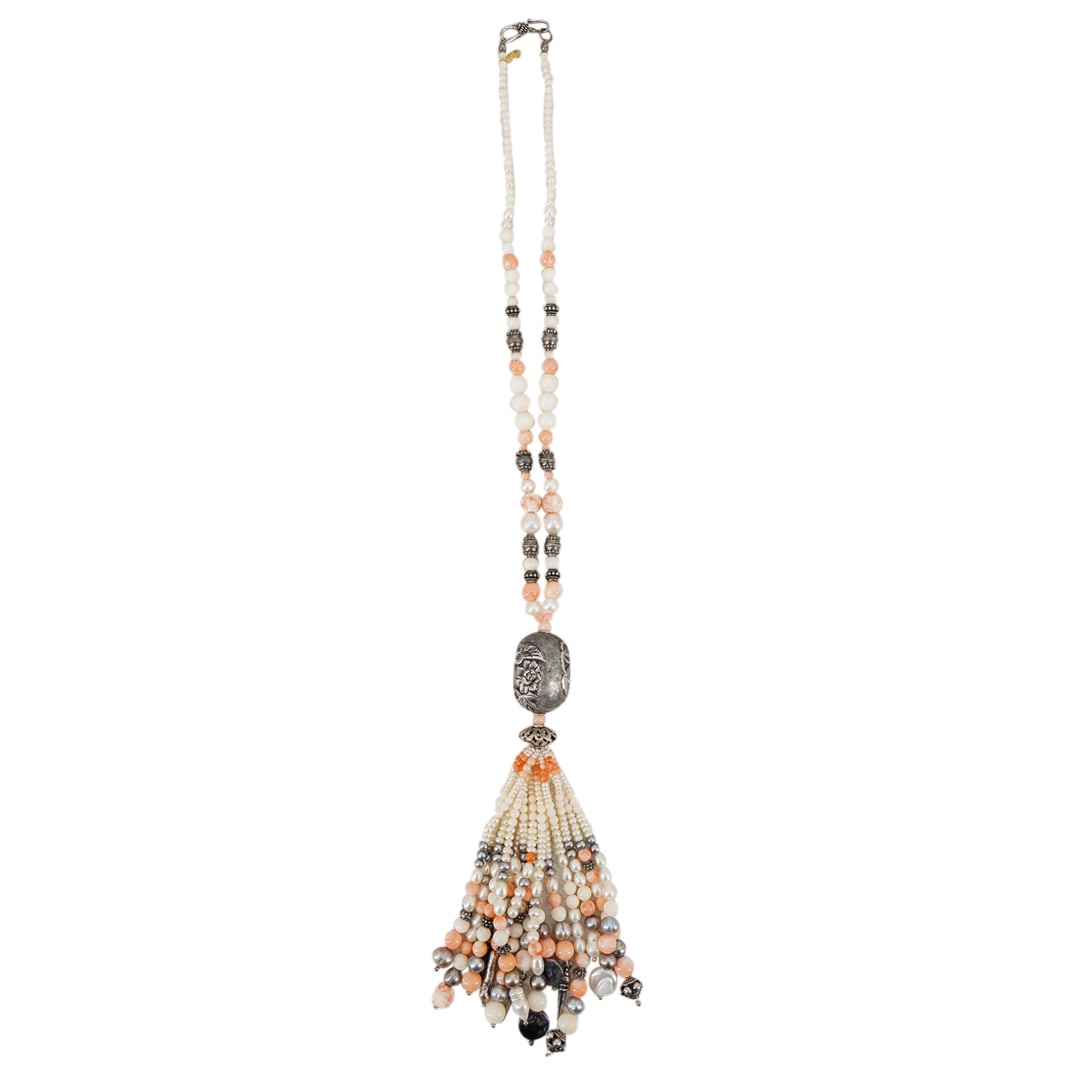 Chinese Pink Coral, Pearl and Silver Beaded Tassel Necklace (1 of 5)