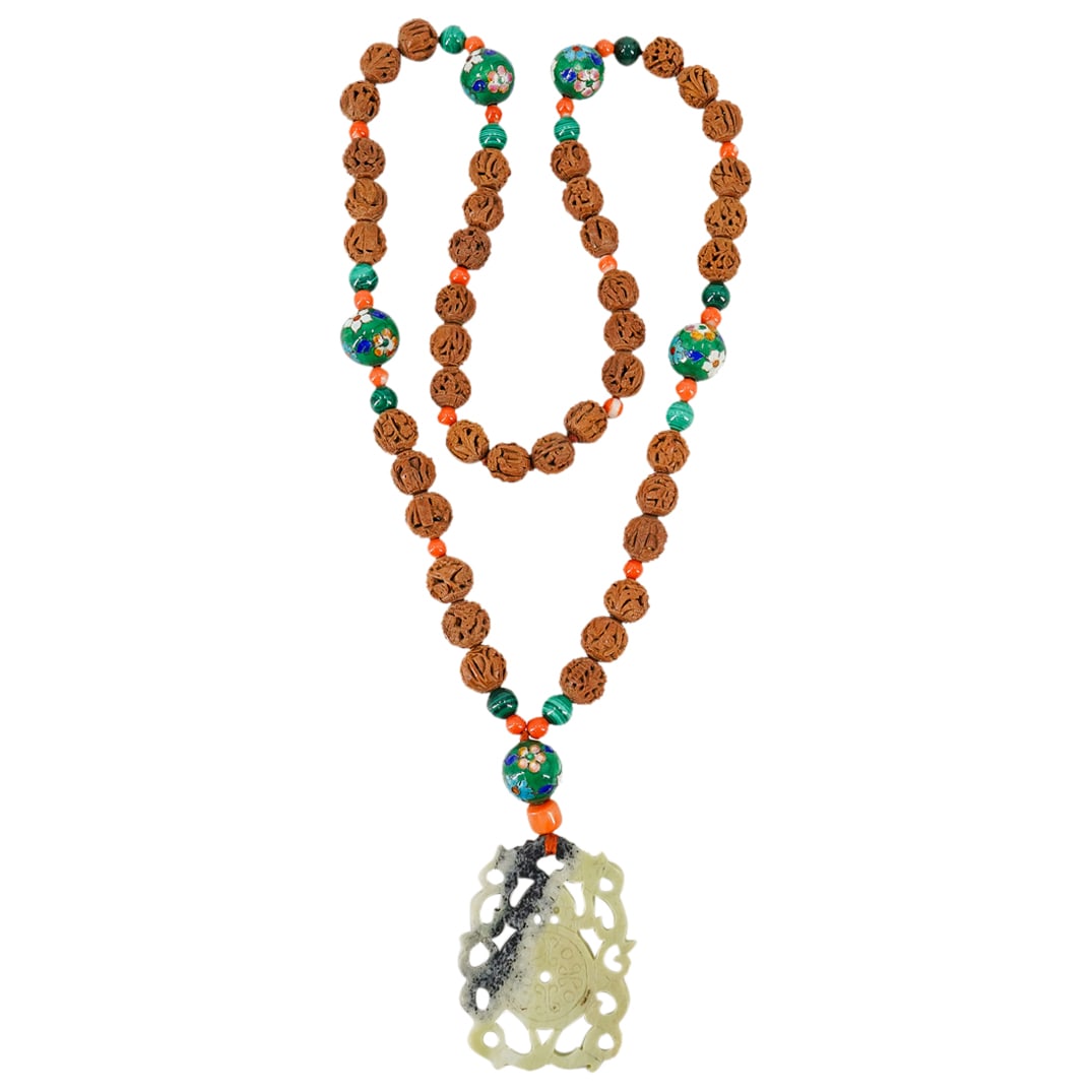 Chinese Cloisonne, Malachite, Coral & Carved Nuts Beaded Necklace (1 of 6)