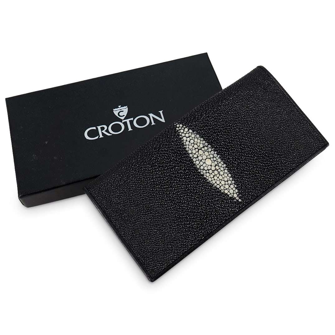 Croton Shagreen Stingray Wallet W/ Box: DESCRIPTION: A Croton Wallet comprised of white and black stingray shagreen, opens revealing several compartments and storage slits. Impressed "Croton Genuine Stingray". Comes with box. CIRCA: 20th Ce