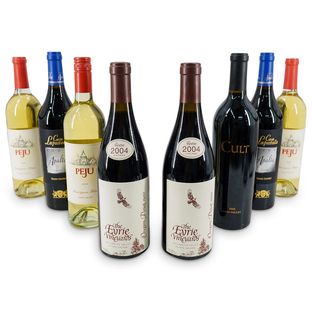 (8 Pc) Assorted American And Chilean Wine: DESCRIPTION: Eight bottles of wine from various vineyards including: (3) 2008 Peju Sauvignon Blanc from Napa Valley (2) 2004 Eyrie Vineyards Pinot Noir (2) 2001 Clos Apalta from Casa Lapostolle (1) 20