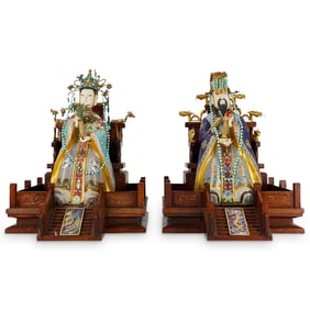 Pair Of Chinese Cloisonne Enthroned Imperial Sovereigns