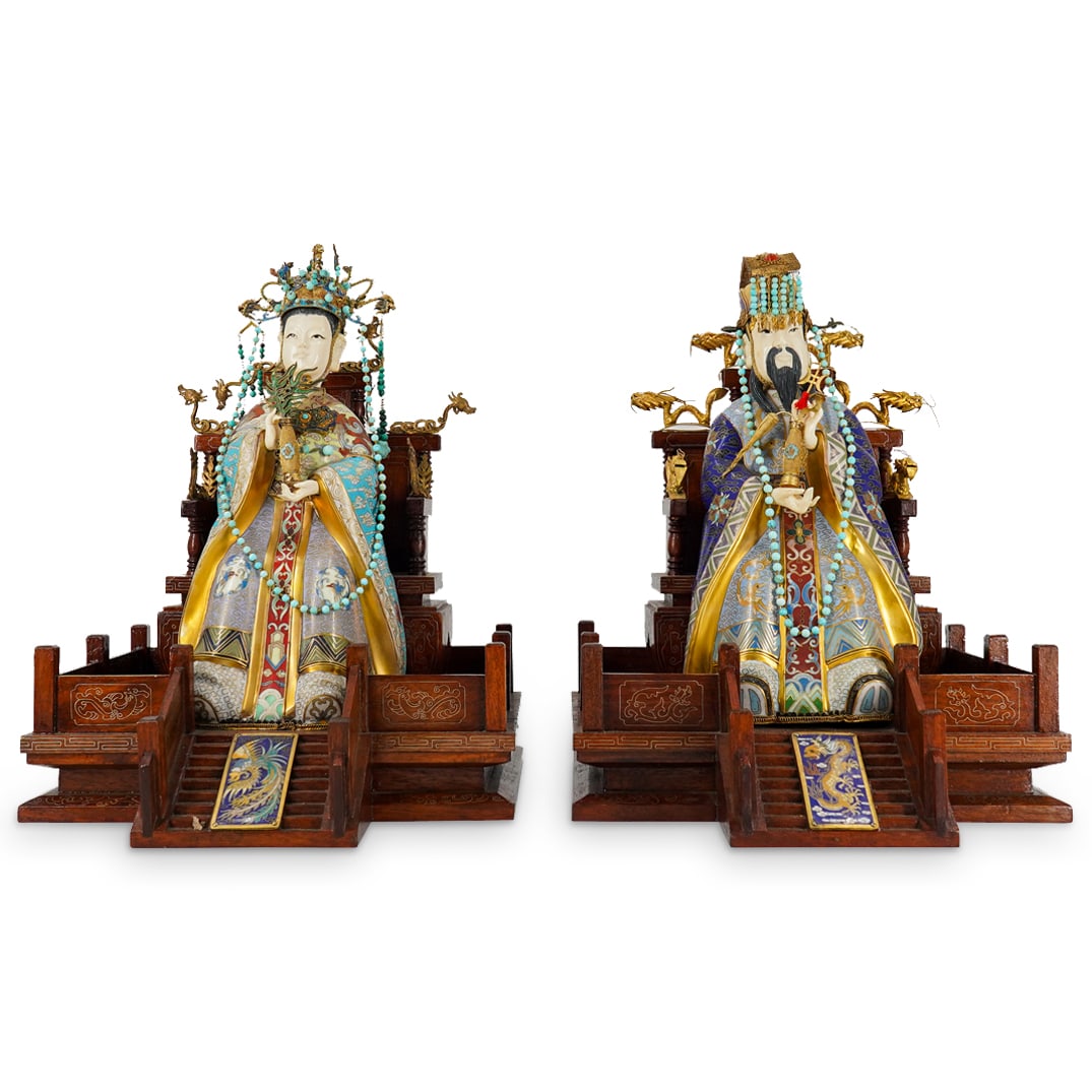Pair Of Chinese Cloisonne Enthroned Imperial Sovereigns