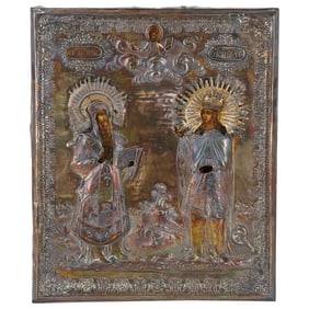Antique Russian Orthodox Icon Of Two Saints Covered In Oklad