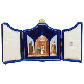 Antique Russian Orthodox Icon Triptych On Zinc In Box