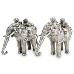 Pair Of Southeast Asian Cambodian Silver Elephant Boxes
