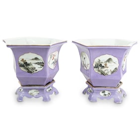 Pair Of Antique Chinese Porcelain Hexagonal Lavender Jardiniers W/ Underplates