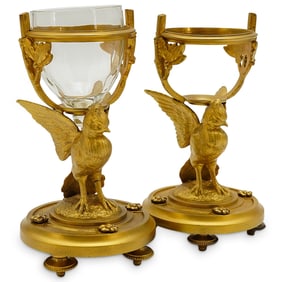 Pair Of Baccarat Ormolu Bronze Bird Egg Cup Holders