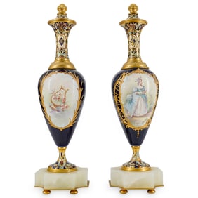 Pair Of Antique Sevres Champleve And Porcelain Urns
