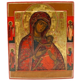 Antique Russian Orthodox Madonna And Child Carved Wood Icon