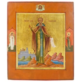 Antique Russian Orthodox Carved Wood St. Sergius Icon