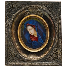 Antique Russian Orthodox Celluloid Painting Of Mary In Silver Frame