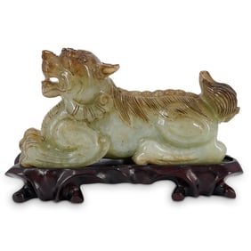 Antique Chinese Carved Jade Guardian Lion On Carved Wood Stand
