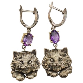 Pair Of Antique European 18K, Sterling Silver, And Amethyst Cat Earrings