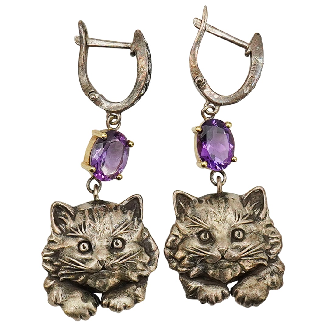 Pair Of Antique European 18K, Sterling Silver, And Amethyst Cat Earrings (1 of 6)