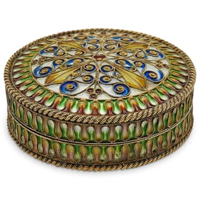 Antique Norwegian Enameled And Vermeil Sterling Silver Round Box