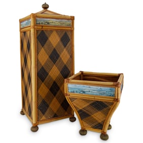 (2 Pc) MacKenzie Childs Hamper And Wastebasket