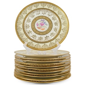 (12 Pc) Royal Bavaria Hutschenreuther Gilt Floral Porcelain Plates
