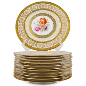 (12 Pc) Royal Bavarian Hutschenreuther Gilt Floral Porcelain Plates