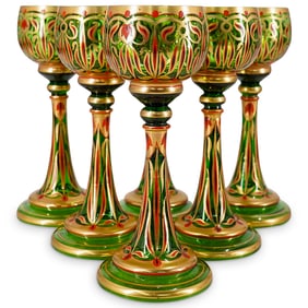 (6 Pc) Art Nouveau Bohemian Glass and Enamel Goblets