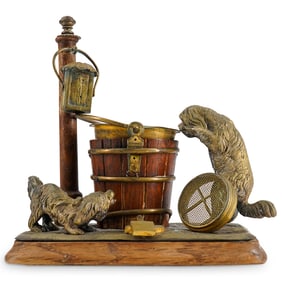 Antique Viennese Bronze Dogs And Water Bucket Grouping