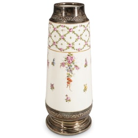 Antique French Export Sevres Porcelain Silver Collared Vase