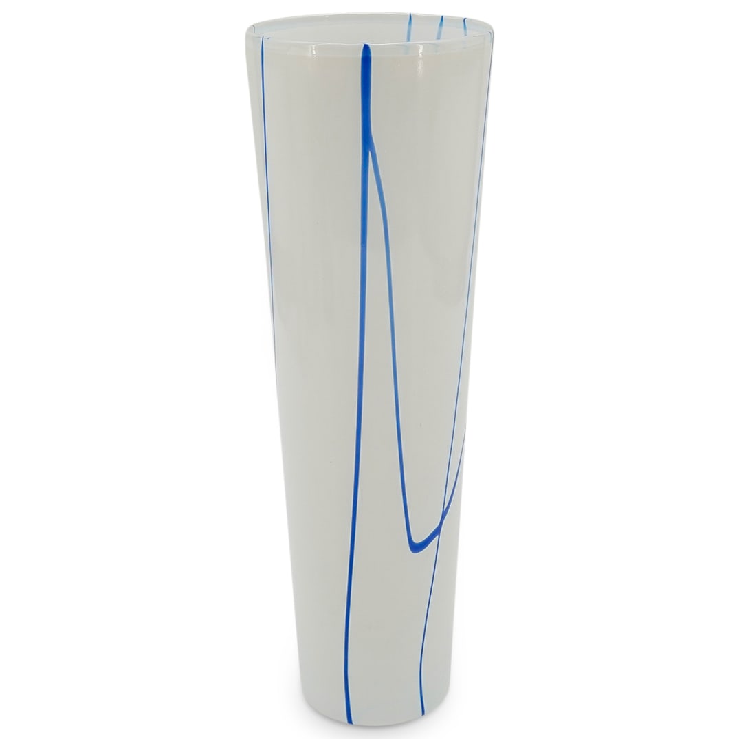 Swedish Kosta By Anna Ehner "Woodlands" Art Glass Vase: DESCRIPTION: Swedish Kosta By Anna Ehrner "Woodlands" Art Glass vase. Vase in glass with white base and blue stripes, from the series Woodland, designed in 2001 by Anna Ehrner for Kosta Boda. Marked w