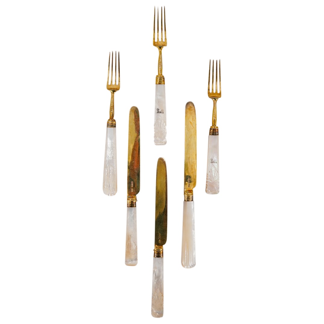(6 Pc) Moses Brent George III Gilt Sterling Silver & MOP Fruit Knives & Forks (1 of 8)