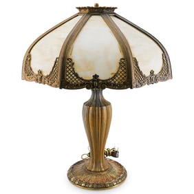 Antique Edward Miller & Co. Lamp W/ Slag Glass Shade
