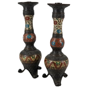 Pair Of Antique Japanese Meiji Bronze And Cloisonne Candlesticks