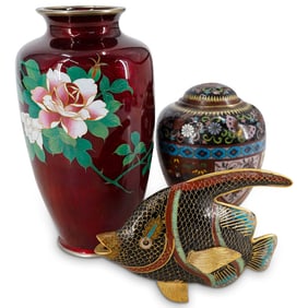 (3 Pc) Japanese Cloisonne Vase, Jar, Fish