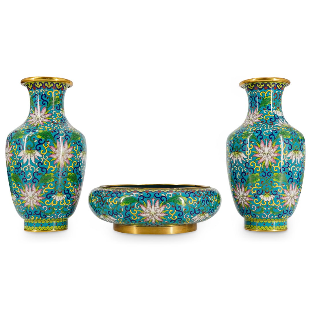 (3 Pc) Chinese Cloisonne Vases & Bowl (1 of 14)